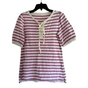 Talbots Striped Lace-Up Purple and White Size XS Short Sleeve Top